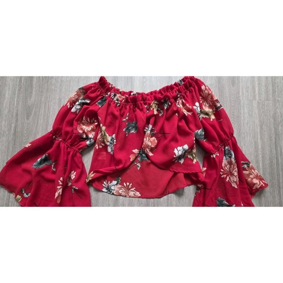 Live 4 Truth Red Floral Off Shoulder Peasant Blouse Bell Sleeve Boho Top L - Picture 7 of 10